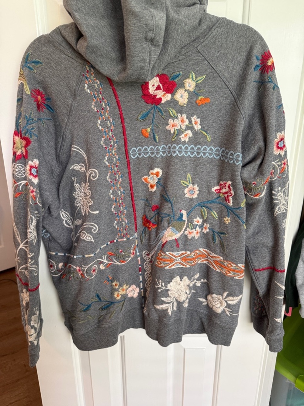 Johnny Was Gray Hoodie with Multicolor Floral & Bird Embroidery - Picture 3 of 3